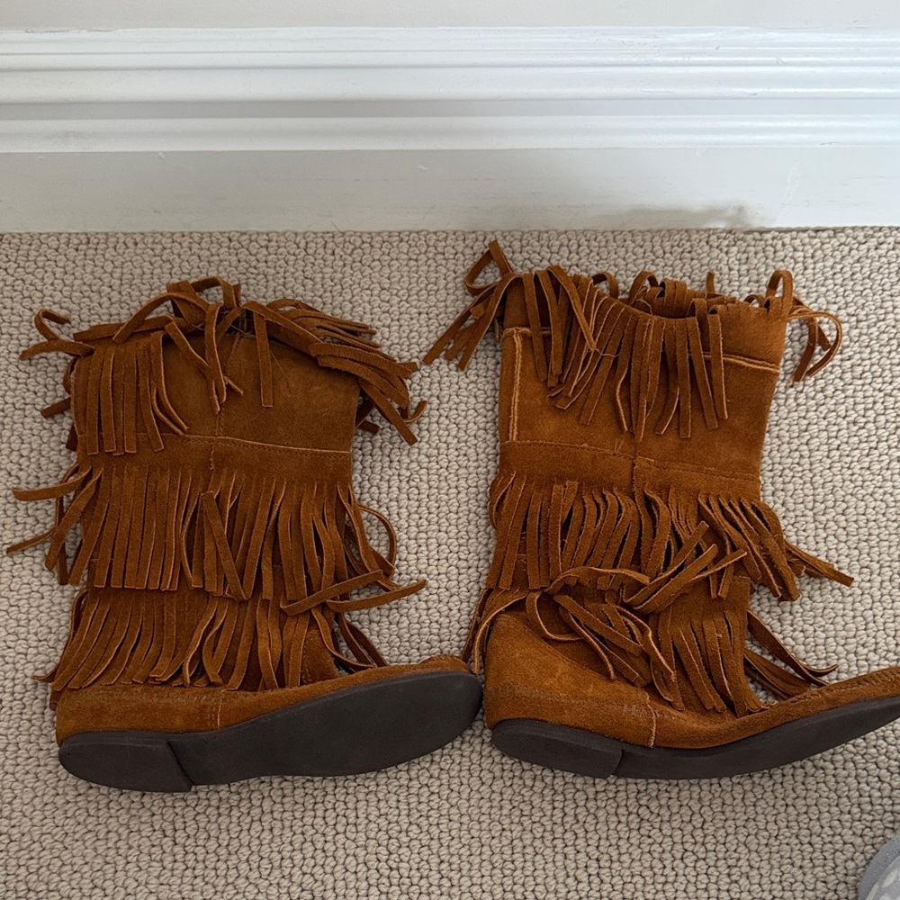 Fringe Suede Ankle Booties - Tan
